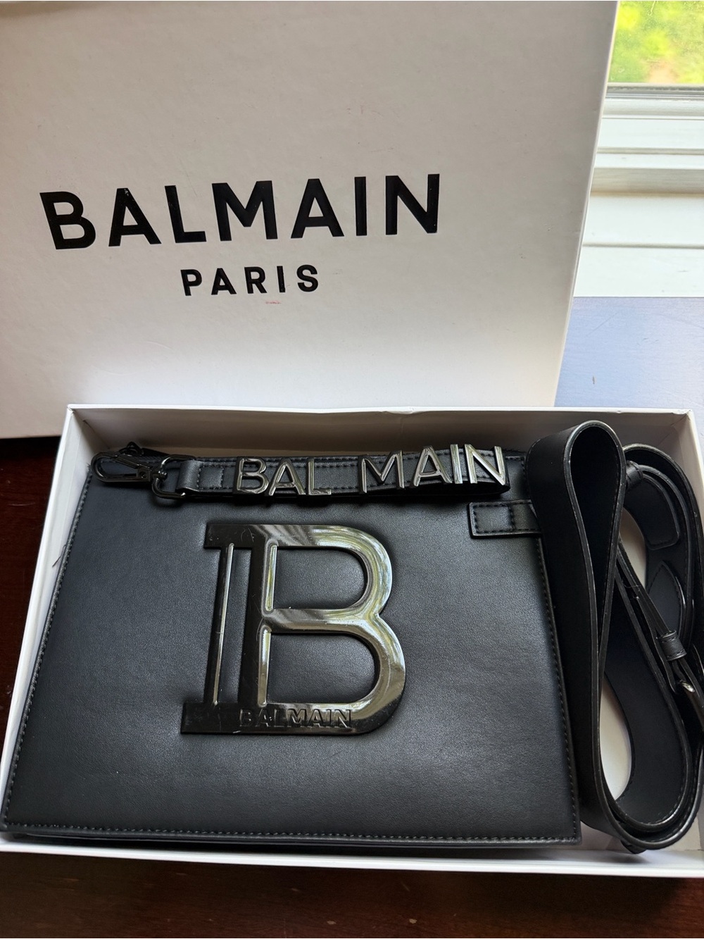Balmain Black Leather Messenger Bag with Bold 'B' Logo